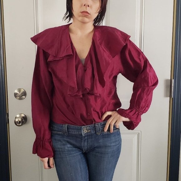 90s Silk Button Down with Frilly Collar - Picture 1 of 4